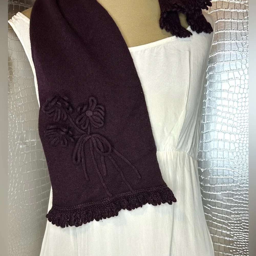 David Meister Purple Fringed Knitted Scarf with Embellished Floral Detail